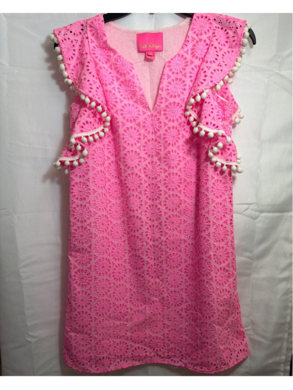 Lilly Pulitzer Pink Eyelet Pom Pom Mini Dress XXS Resort Country Club Preppy